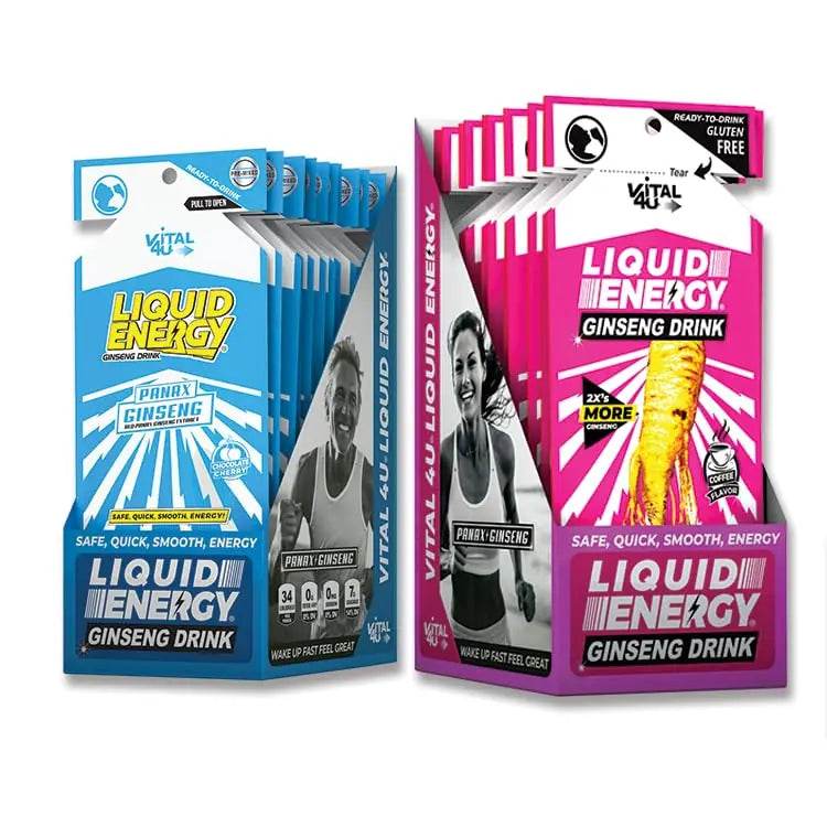 VITAL 4U Liquid Energy Shot - Coffee & Chocolate Cherry Combo Pack, Ginseng, B Vitamins, Naturally Sweetened, 24 ct